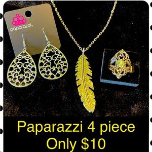 5/$20 🛍 Paparazzi 4 piece bright green feathered necklace, earrings, ring